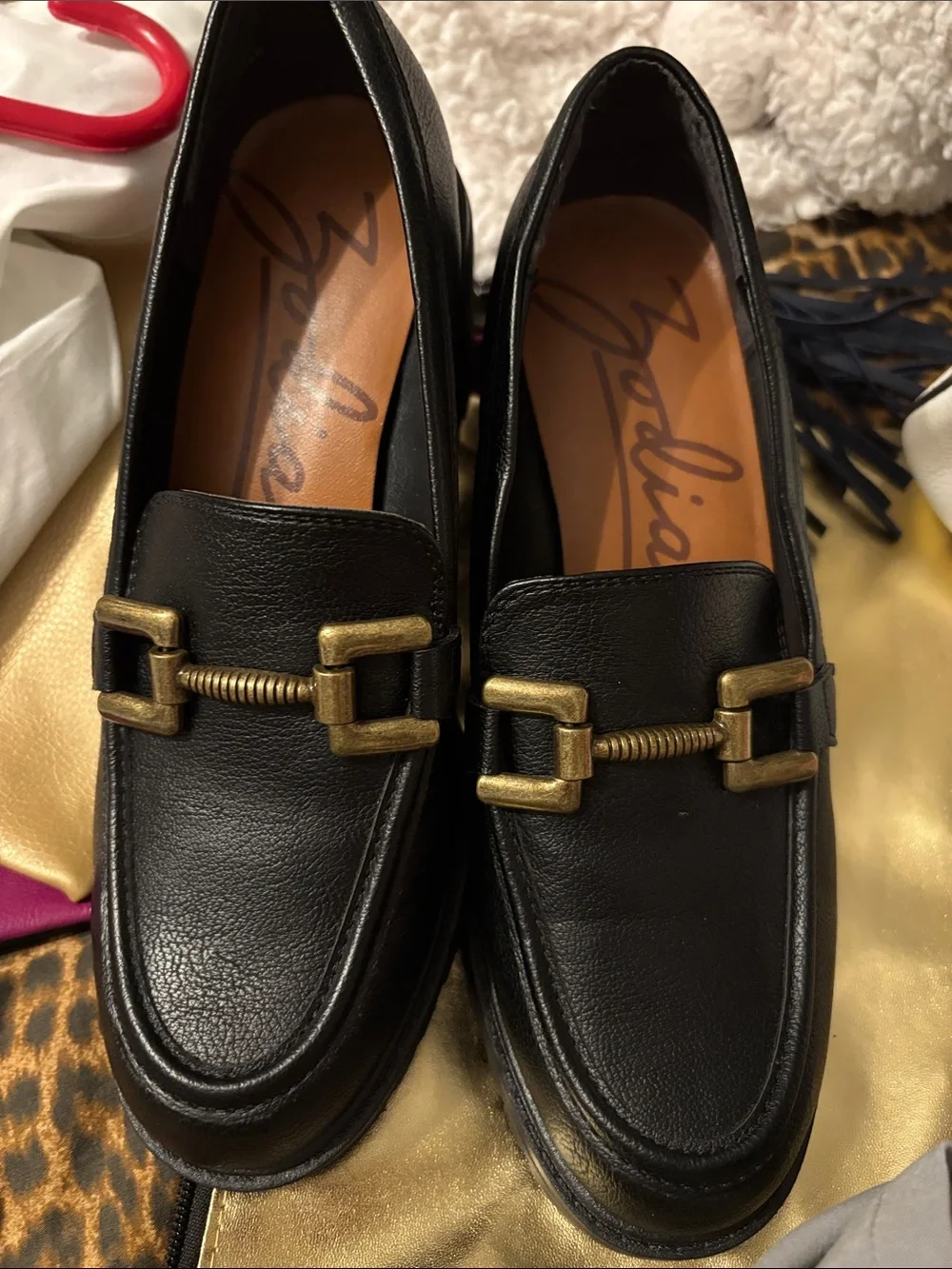 Black Leather Women Loafers with Brass Bit Detail size 7.5